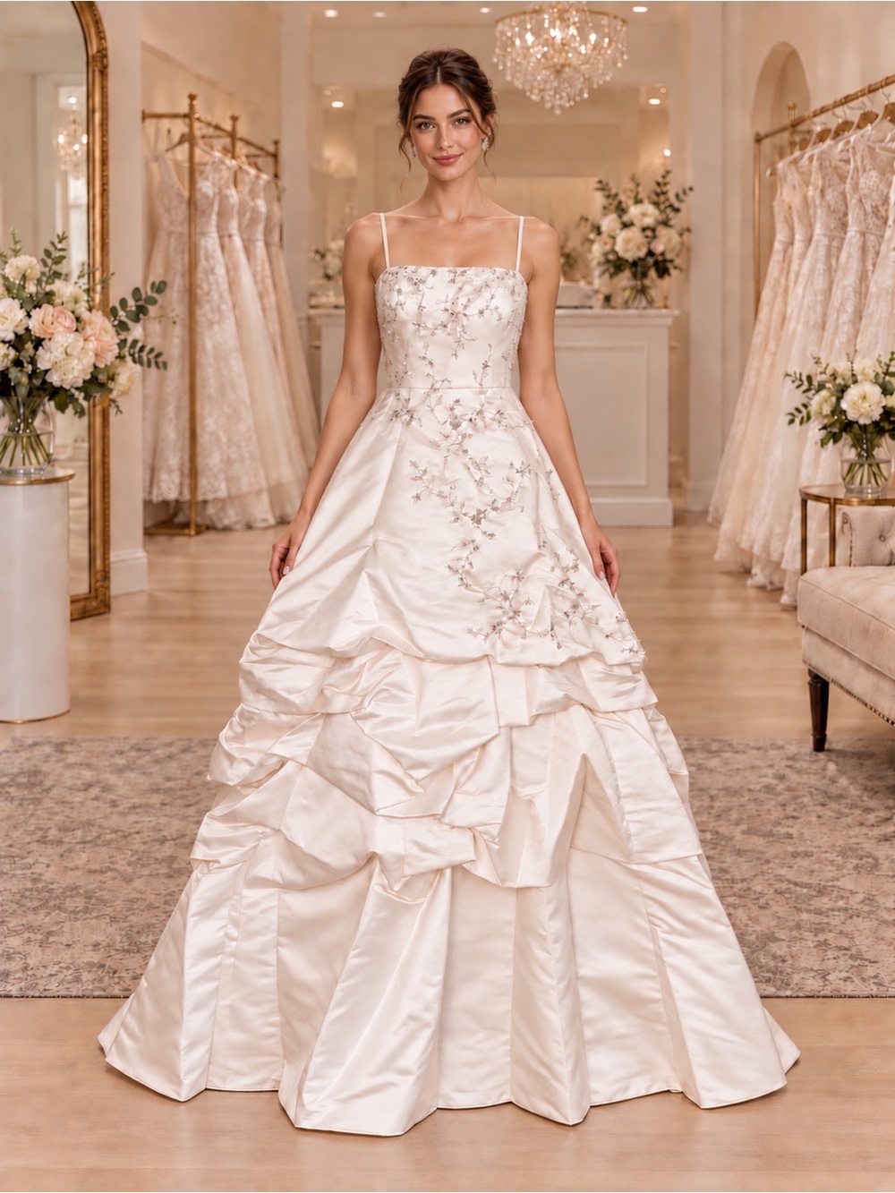 NWT Size 4 Ivory Wedding Dress Silver Floral Detail Beaded Bridal Gown